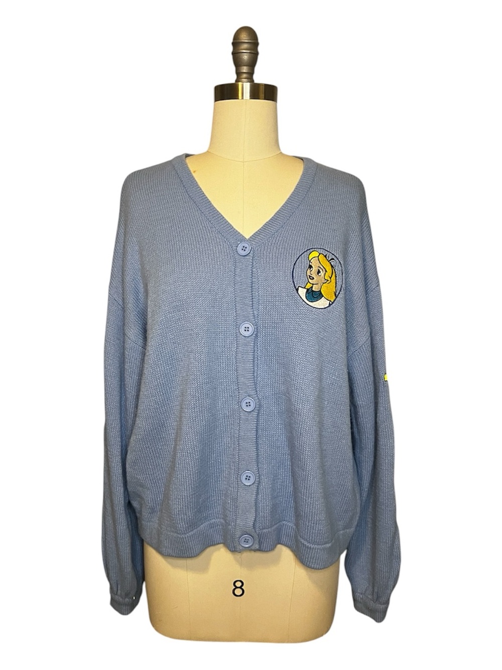 Light Blue V-Neck Button Cardigan Sweater with Embroidered Disney Detail